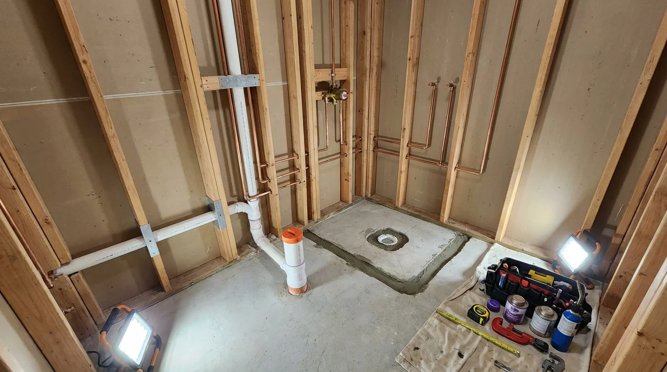 Bathroom rough-in plumbing during remodel by Johns Plumbing LLC in Morganville