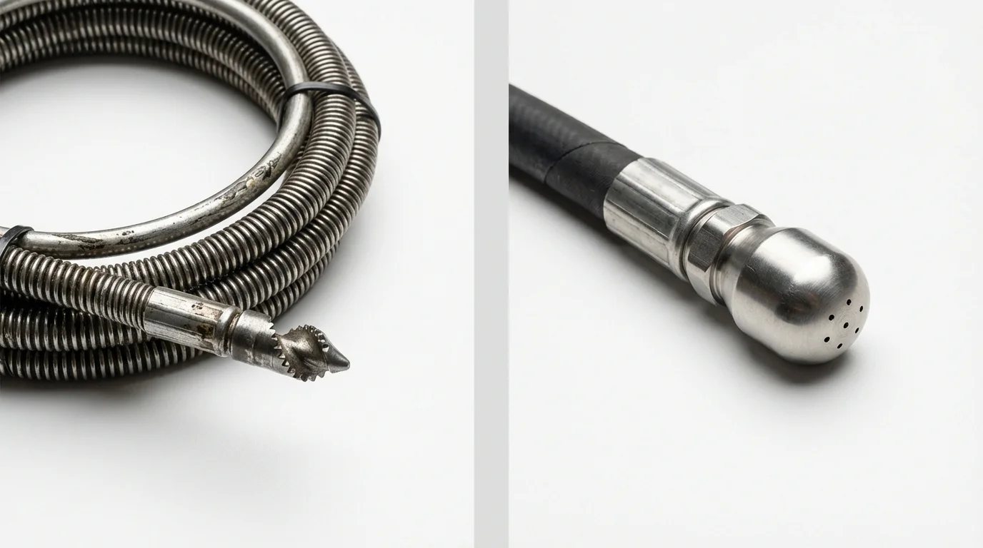 Drain snake cable and hydro jetting nozzle used for drain cleaning in Morganville, NJ