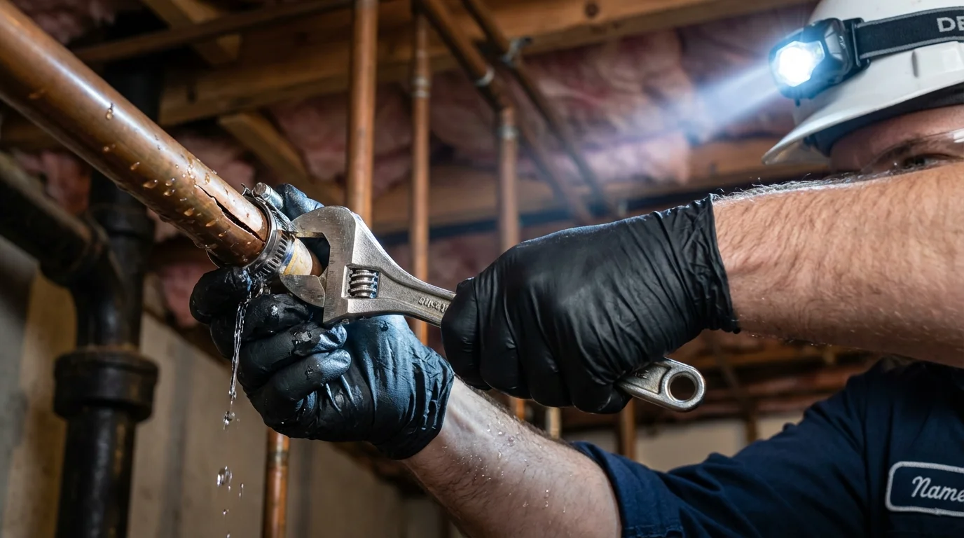 Emergency pipe clamp repair being performed by a Johns Plumbing LLC plumber in Morganville