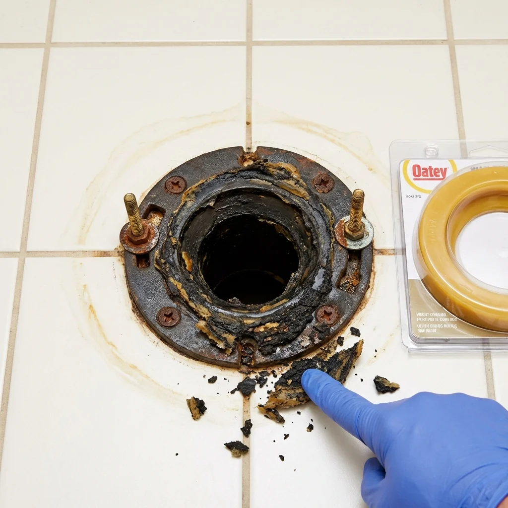 Failed wax ring showing water seepage at the base of a toilet in a Morganville, NJ home