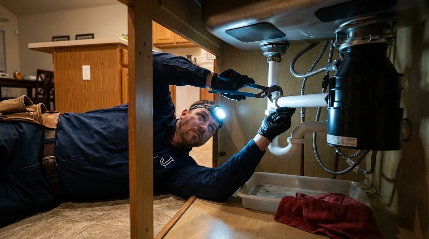 P-trap and supply line connections under a kitchen sink showing a common leak point in Morganville, NJ